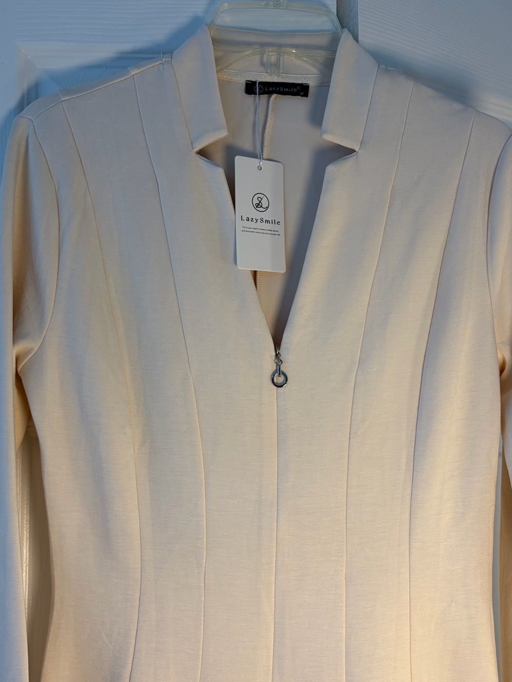 Cream Long-Sleeve V-Neck Zip Front Dress